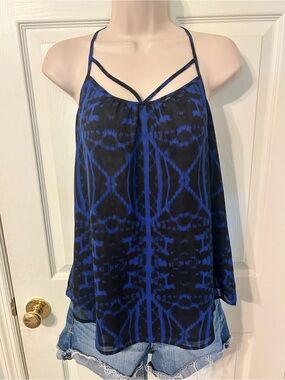 NWT -Women’s Express Blue & Black Strappy Tank Top-Small Defect Read description